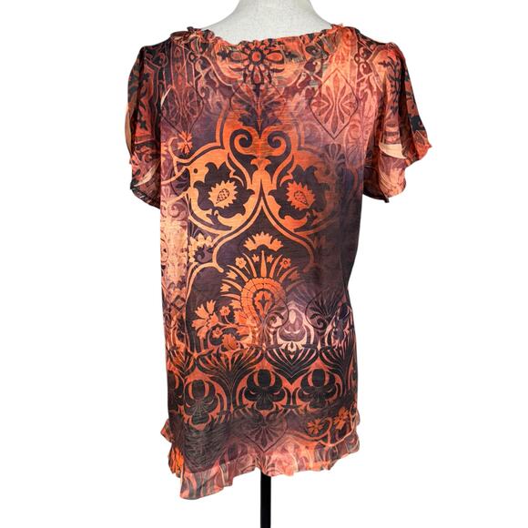 One World X-Large Top Geometric Sublimation Stretch Ruffled V-Neck Cap Sleeve - Picture 6 of 10